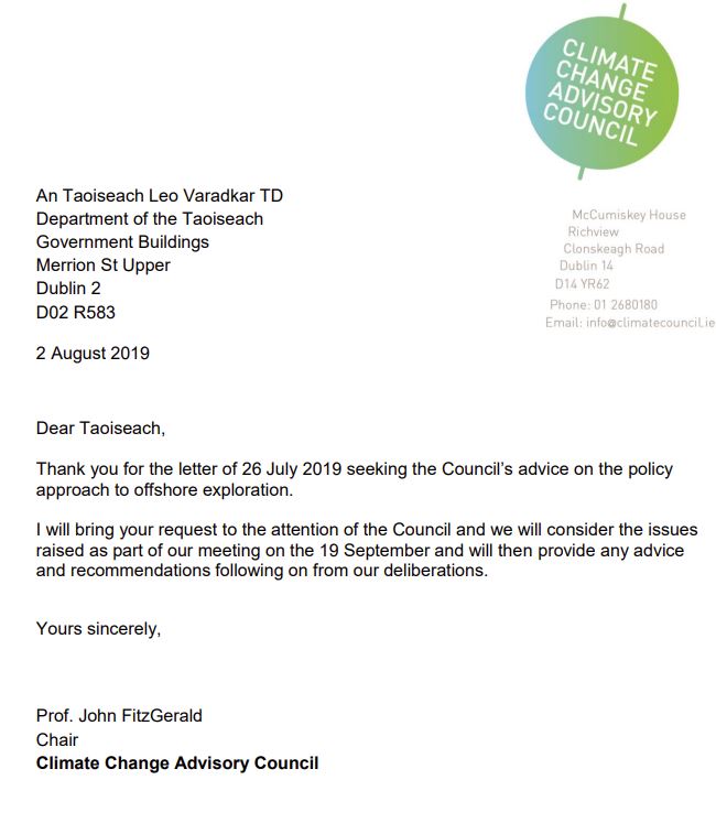 Letter to Taoiseach re Offshore Exploration